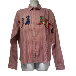 Vintage croquet plaid cowboy boot embroidered button up long sleeve shirt Size L